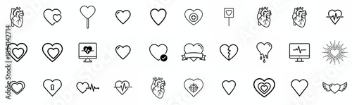 Diverse Heart Icons: A meticulously crafted collection of heart icons, showcasing a variety of styles. This versatile set of symbols is perfect for design projects related to love, relationships.