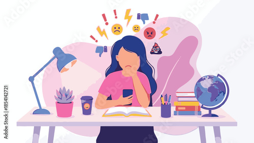 Sad woman overwhelmed by cyberbullying and online negativity on smartphone