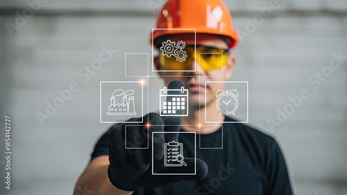 Industrial worker interacting with digital interface icons