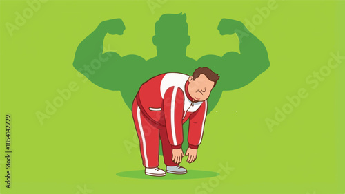 Overweight man with muscular shadow, symbol of fitness aspiration and potential