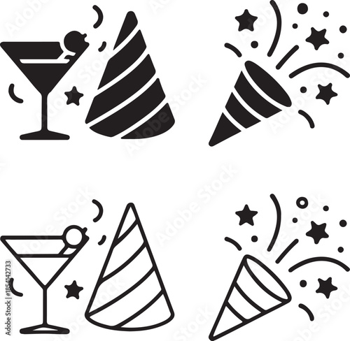 Event Party Silhouette, event celebration icons, party elements set, joyful occasion design, solid black silhouette, outline filled style, minimal vector, isolated white background