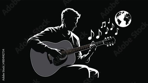 Man playing guitar with musical notes and globe in background