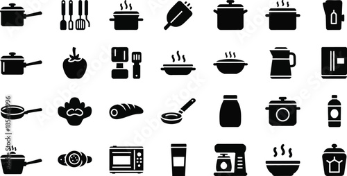 Silhouette icons of kitchen utensils and appliances on white background