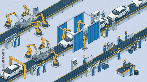 Automotive Production Assembly Line with Robots and Human Workers