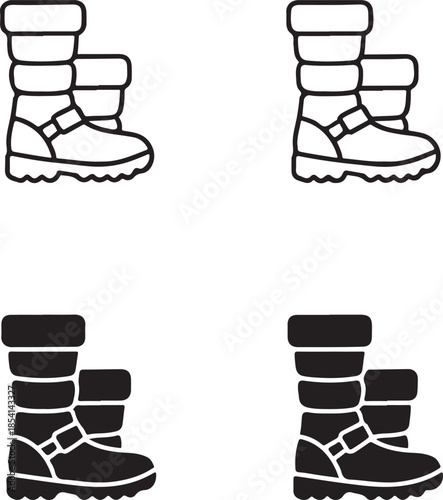 Snow Boots Footwear Silhouette, winter snow shoes, cold season outdoor boots, protective footwear design, solid black silhouette, outline filled vector, isolated white background