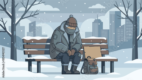 Illustration of a homeless person sitting on a park bench in snowy city winter