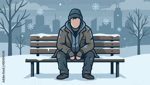 Person alone on a park bench in a snowy city, winter illustration