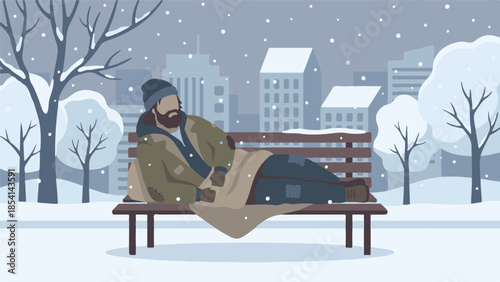 Homeless man sleeping on a park bench during snowy winter in a city