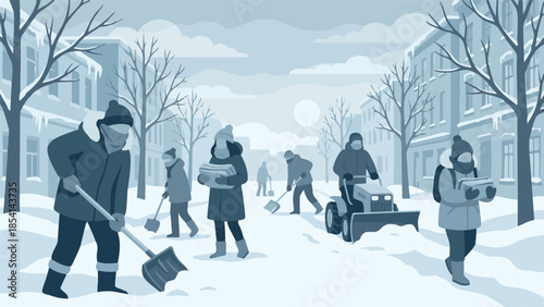 Community members shoveling snow and working in a snowy winter town