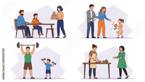 Diverse family and lifestyle activities in flat design illustrations