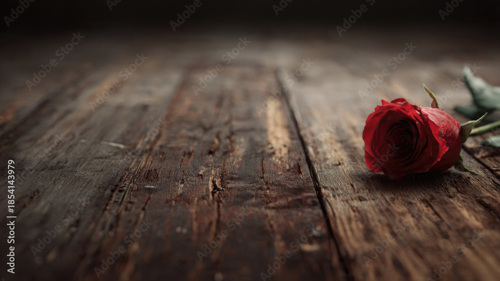 Fototapeta premium Red Rose on Wooden Surface