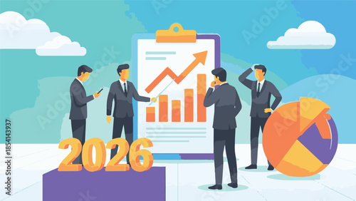 Business Team Analyzing 2026 Growth Strategy with Charts and Data