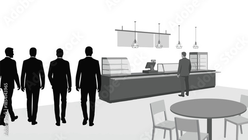 Silhouetted businessmen walking through a modern office cafeteria
