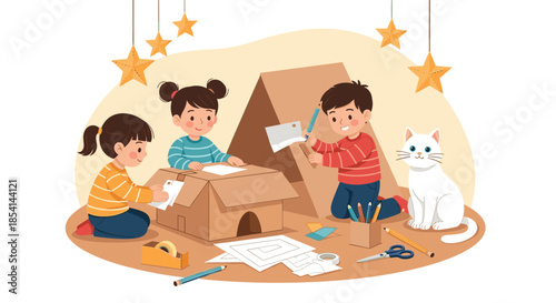 Three creative children sitting on the floor making a house and toys from cardboard boxes with their white pet cat.