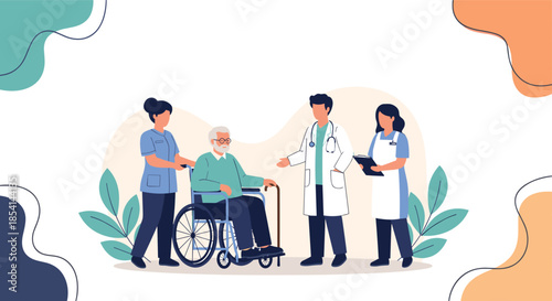 Medical professional team consisting of a doctor and two nurses caring for an elderly man in a wheelchair with a cane.