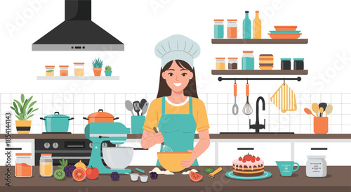 Smiling female professional chef in a white hat and apron whisking ingredients in a bowl in a well equipped kitchen.