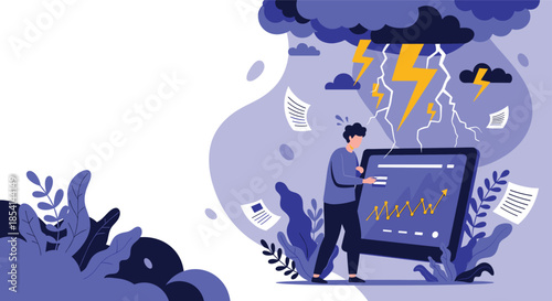Stressed businessman working on a digital tablet under a dark storm cloud with lightning and papers flying around.