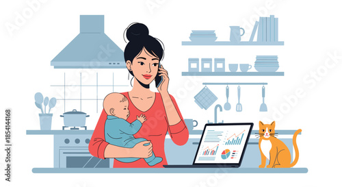 Busy young mother holding a baby and talking on a mobile phone while working on a laptop in a kitchen with her cat.