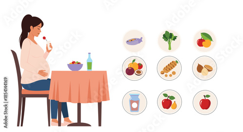 Healthy pregnant woman sitting at a table with fresh fruit and vegetables while icons of nutritious food float nearby.