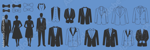 tuxedo icon vector set, dinner jacket illustration sign collection, suit symbol or logo design for formal wear, fashion branding, wedding events, and elegant outfit concepts.