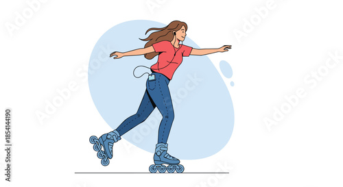 Active young woman with long hair roller skating and listening to music on her headphones on a sunny outdoor day.