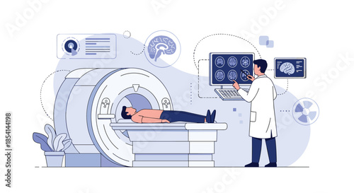 Male doctor analyzing brain scans on a monitor while a patient lies inside a modern MRI scanner at a hospital clinic.