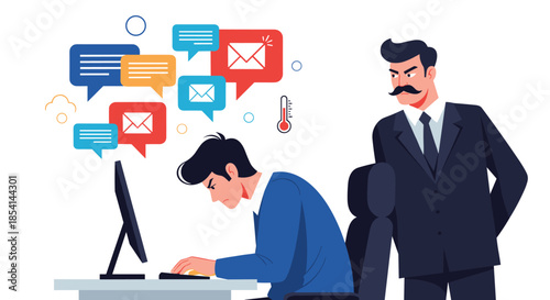 Nervous office employee working at his computer while an angry boss with a mustache watches him from behind his desk.