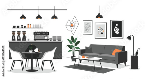 Stylish coffee shop interior design featuring a grey sofa, modern art frames, and professional espresso equipment on the counter.