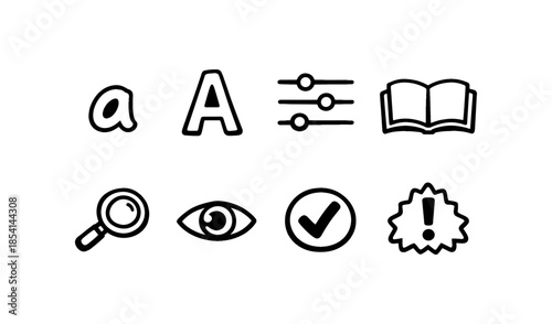 Collection of simple black and white icons representing common actions and concepts