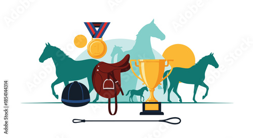 Equestrian sports illustration featuring horse silhouettes, a gold trophy cup, winner medal, riding helmet, and a leather saddle.