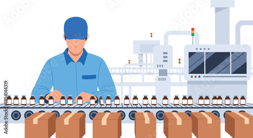 Industrial factory worker in a blue uniform and cap monitoring a production line conveyor belt of medicine bottles.