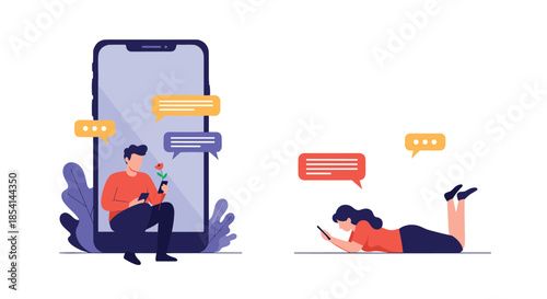 Virtual dating concept showing a man sitting on a large smartphone screen chatting with a woman using her phone while lying down.