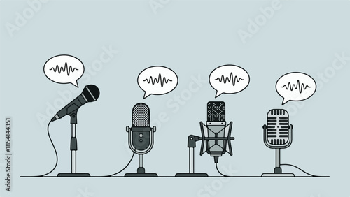 Collection of Microphones with Sound Waves for Podcast and Audio Recording