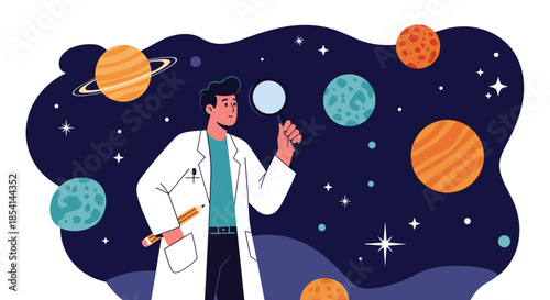 Curious male astronomer in a white lab coat uses a magnifying glass to explore colorful planets and stars in the vast night sky.