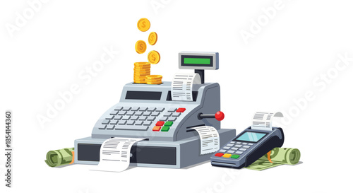 Retail checkout point with a classic cash register, golden coins, paper receipts, and a modern credit card payment terminal device.