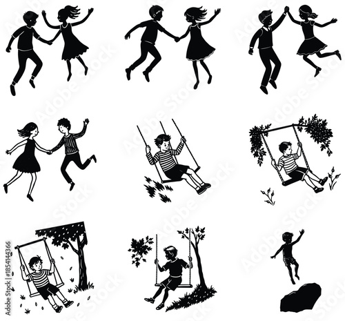 Children Playing Silhouette Vector Illustration Set