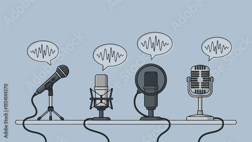 Collection of Microphones with Sound Waves for Podcast and Broadcasting