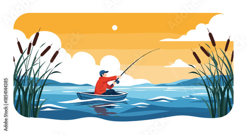 Man in a red jacket fishes peacefully from a small rowing boat on a calm lake surrounded by reeds during a beautiful golden sunset.