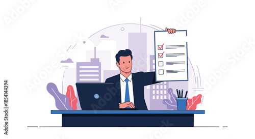 Smiling male professional sitting at his office desk and holding up a checklist on a clipboard with a modern cityscape background.