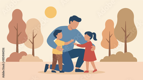 Father embracing his children in a park, showing family love and happiness