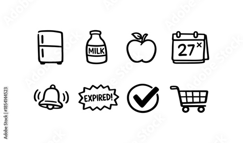 Hand-drawn icons representing grocery shopping, food expiration, and reminders