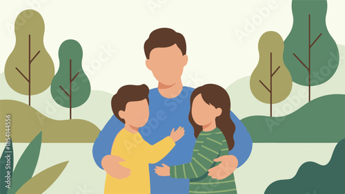 Father hugging his son and daughter in a park, family bonding illustration