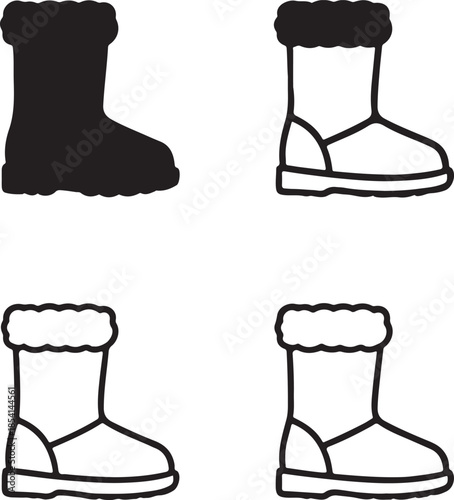 Classic Winter Boots Silhouette, traditional winter footwear, cold season boots, everyday snow shoes, solid black silhouette, outline filled version, modern minimal vector, isolated white background