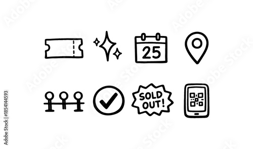 Collection of hand-drawn icons representing event planning and sales concepts