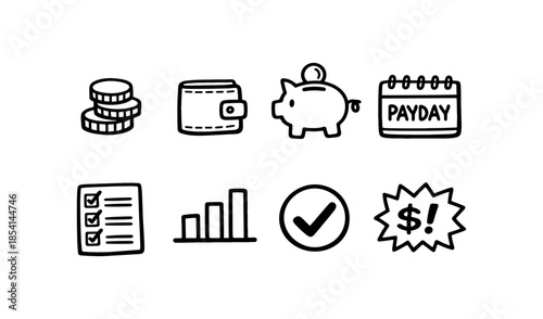 Hand-drawn financial icons including coins, wallet, piggy bank, and calendar