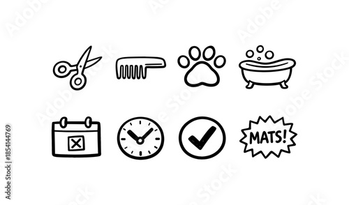 Collection of hand-drawn icons representing pet grooming services and appointment scheduling