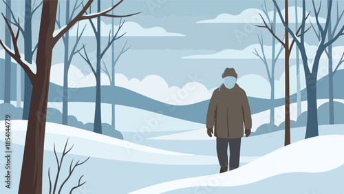 Person walking in a snowy winter forest with bare trees