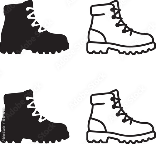Hiking Winter Boots Silhouette, rugged winter hiking boots, outdoor adventure footwear, mountain cold boots, solid black silhouette, outline filled icons, minimal vector design, isolated white 