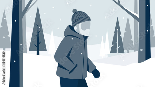 Man in warm clothing walking through snowy winter forest, flat illustration