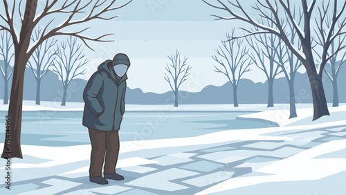 Person walking in a snowy winter park next to a frozen lake
